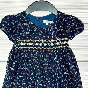 Les Petits Soleils Smocked Dress Cotton Corduroy Navy Blue Short Sleeve size 3